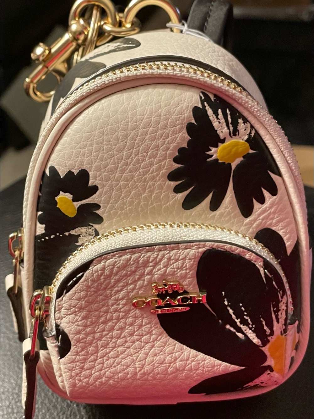 Coach Floral Mini Small Leather Backpack in White with Black & Yellow Accents